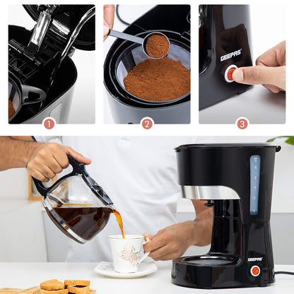 Geepas-Coffee Maker, 1.5L Filter Coffee Machine, GCM6103 | High Temperature Glass Carafe | Keep Warm & Anti-Drip Function | Reusable Filter | On/Off Switch with Indicator Light