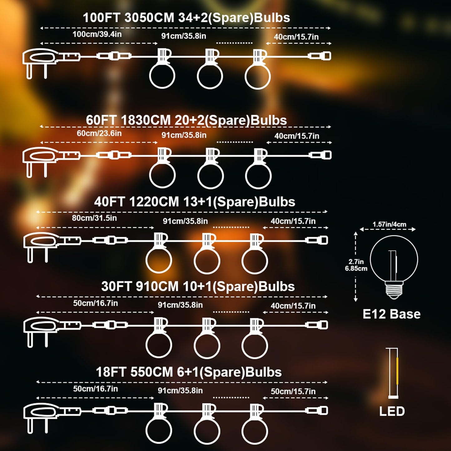 Romwish Solar String Lights Outdoor, 15M/50FT G40 Solar Hanging Decorative String Light, 4 Light Modes Outside Light Waterproof, 2400mAh,Garden, Wedding, Party Patio(Warm White)