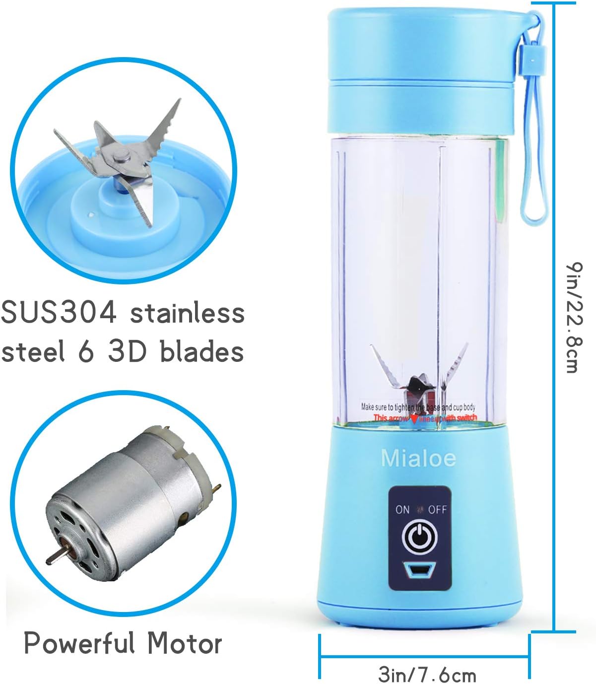 Portable 6 Blades in 3D Juicer Cup,Updated Version Rechargeable Juice Blender Magnetic Secure Switch Electric Fruit Mixer for Superb Mixing 380ml (blue), Large