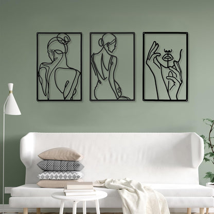 CHENGU 3 Pieces Metal Minimalist Abstract Woman Wall Art Line Drawing Wall Art Decor Single Line Female Home Hanging Wall Art Decor for Kitchen Bathroom Living Room (Black, Hand)