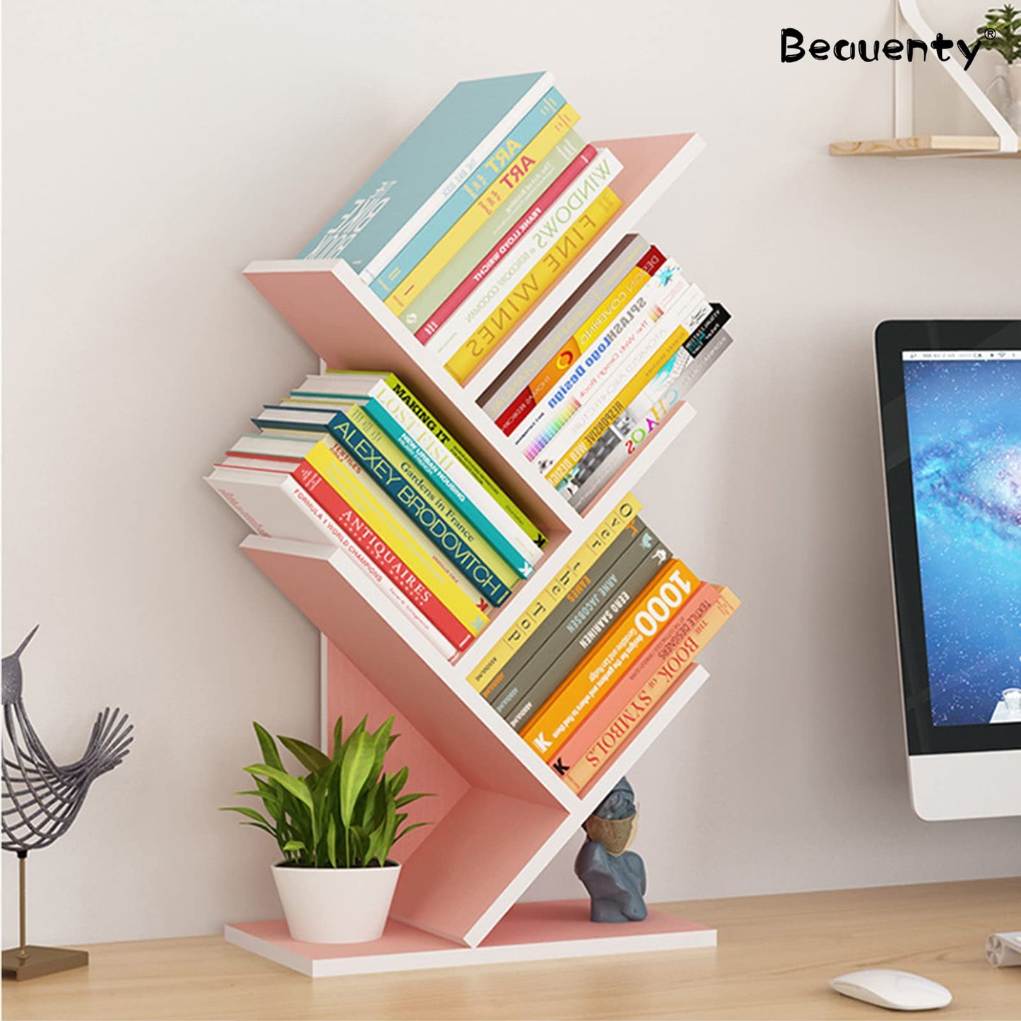 Beauenty Desktop Tree Bookshelf Display Storage Shelf 10 Tier, Wood Storage Rack Tree Bookcase With Drawer For Home School Book Magazine Office Study Table Bedroom (Style 2)