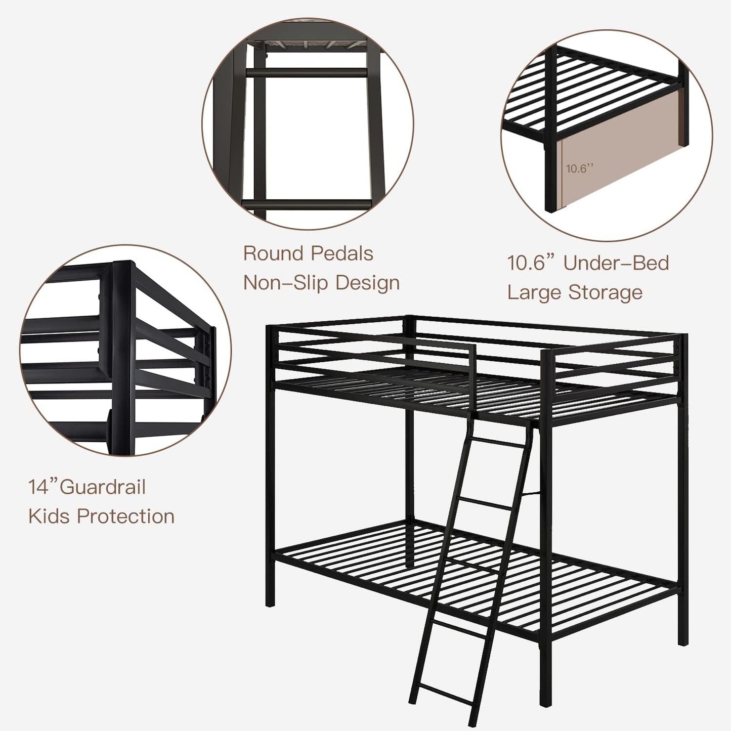 ikalido Metal Bunk Bed Twin Over Twin Size, Heavy Duty Twin Bunk Beds with Safety 14" Guard Rail & Sturdy Inclined Ladder, Space-Saving/No Box Spring Needed/Matte Black