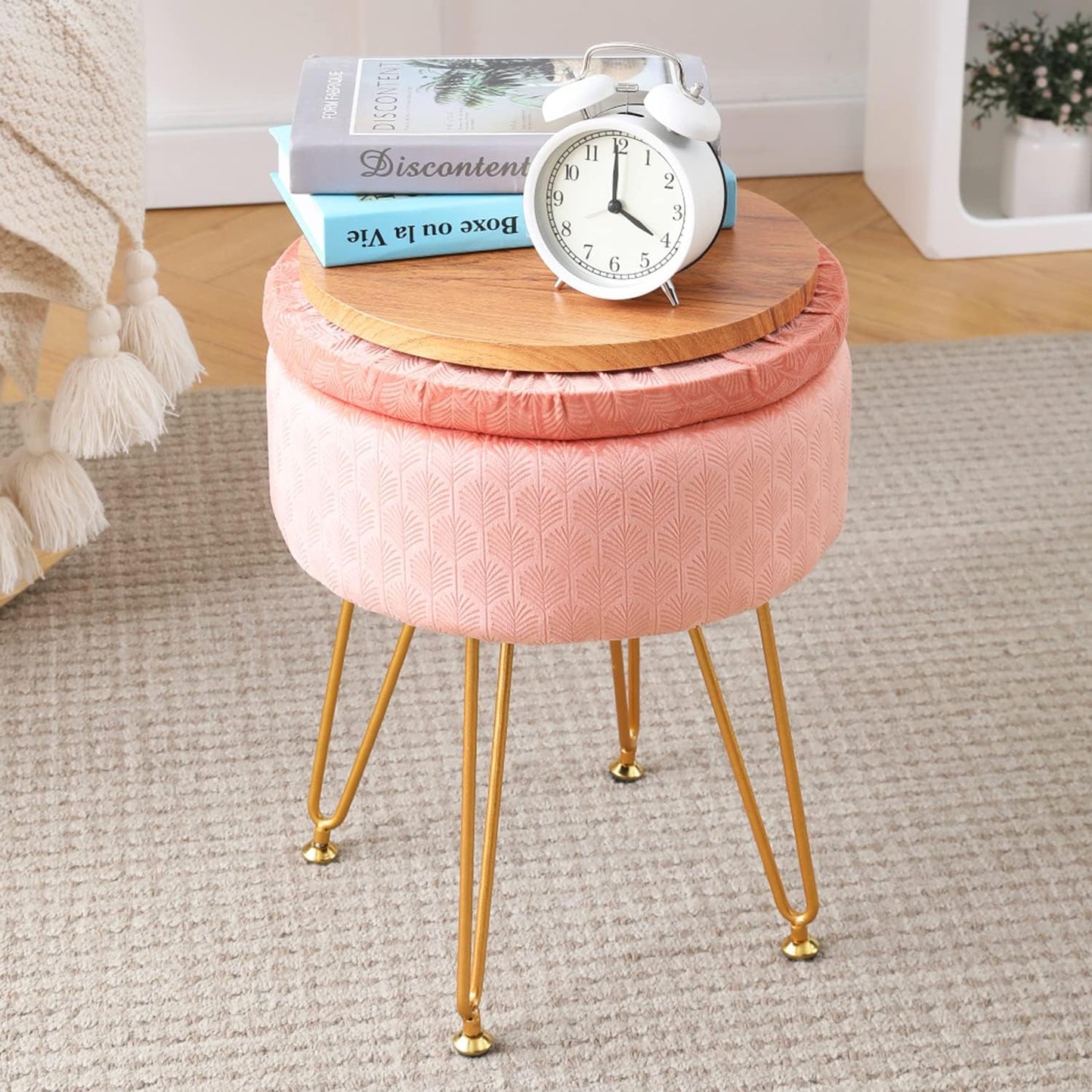 Cpintltr Footrest Footstools Round Velvet Ottoman with Storage Space Soft Vanity Chair with Memory Foam Seat Small Side Table Hallway Step Stool 4 Gold Metal Legs with Adjustable Footings Champagne