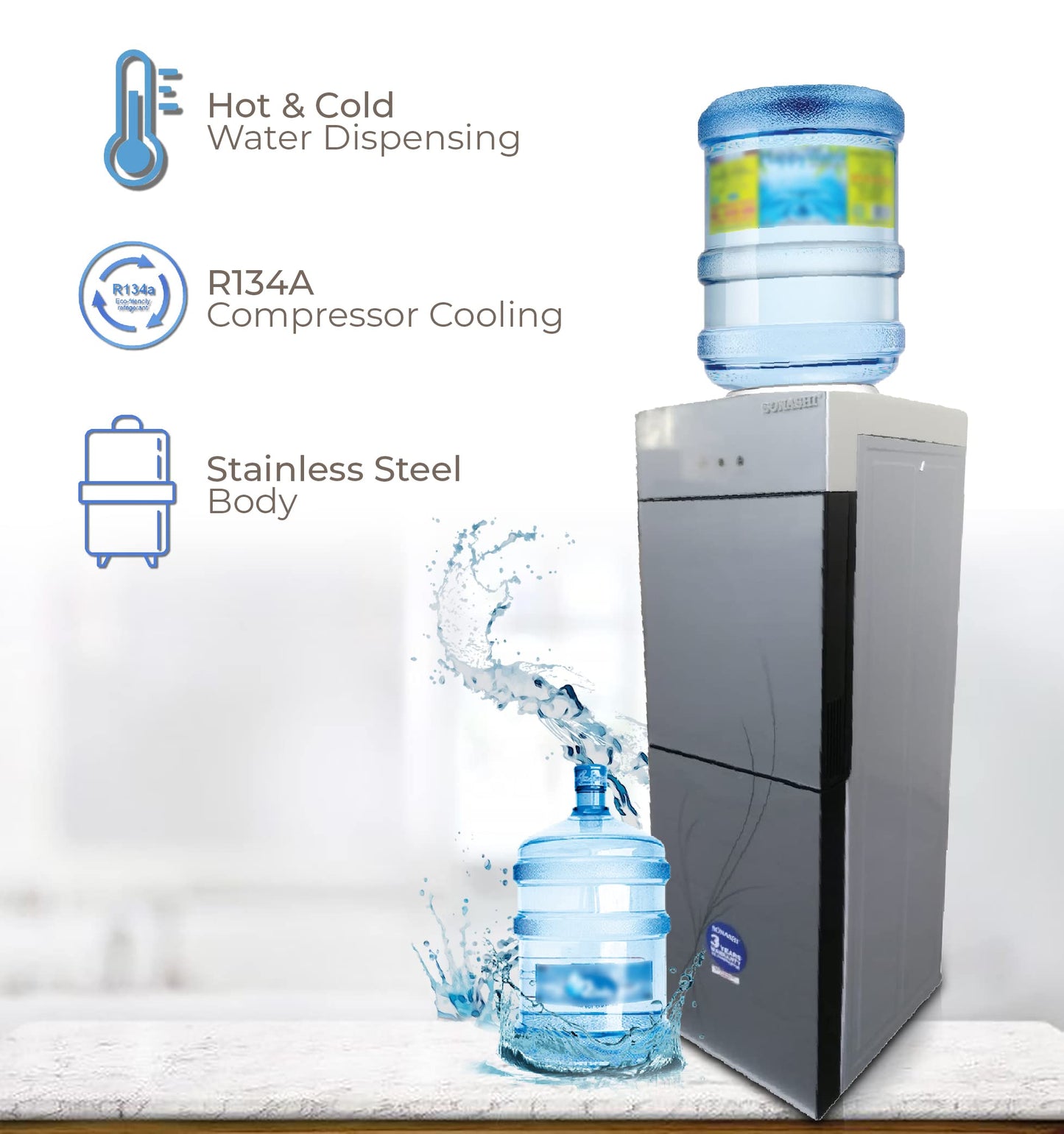 Sonashi SWD-54 Free Standing Water Dispenser w/Stainless Steel, LED Light Indicator, Hot & Cold Water | Water Cooler | Home Appliance