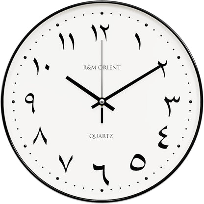 R&M ORIENT 30cm Arabic Wall Clock Round with creeping hands without ticking noise, silent quartz movement, easy to read, large wall clock for living room, office, kitchen, restaurant (Silver/Black)