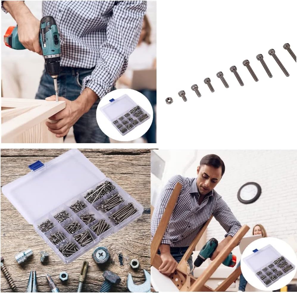 Hex Head Socket Screws, SYOSI 440Pcs M3 Stainless Steel Hex Head Socket Screws, Nuts Assortment, 2 Hex Keys Repair Tool Accessory for Machinery Furniture