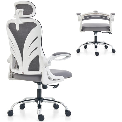 HOLLUDLE Ergonomic Office Chair with Foldable Backrest, Computer Desk Chair with Flip-up Armrests, Mesh Lumbar Support and Tilt Function Big and Tall Office Chair, White