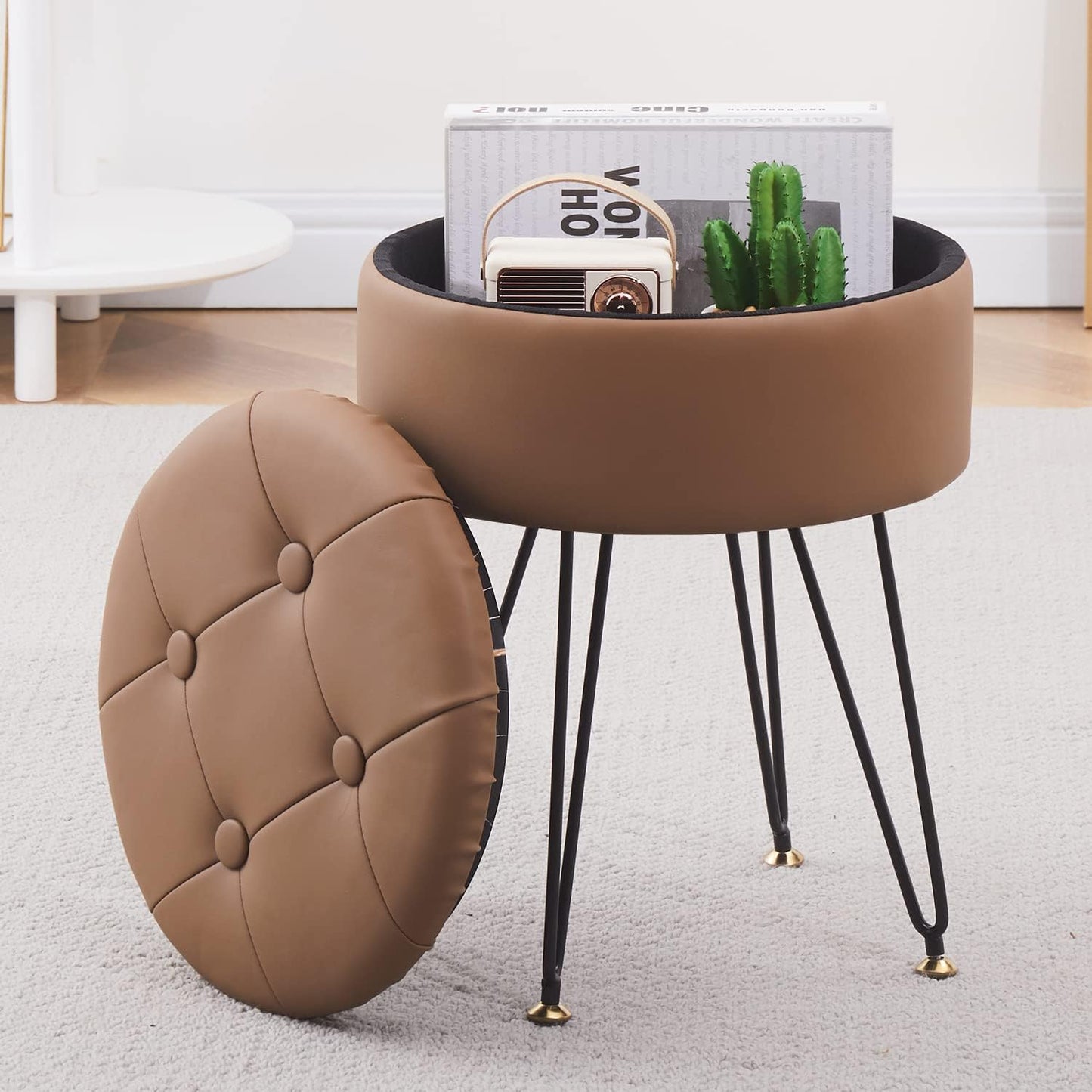 Cpintltr Faux Leather Storage Ottoman Round Footrest Stool Multifunctional Upholstered Ottoman with Metal Legs Modern Vanity Stools Tray Top Coffee Table Suitable for Living Room Bedroom Black