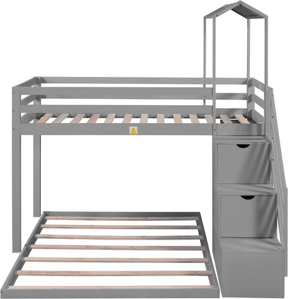 MOEO Twin Over Full House Roof Bunk Bed with Staircase and Shelves, Bedroom Wooden Bunkbed Fram w/Storage, Guard Rails for Kids, Teens, Adults, No Box Spring Required, Gray