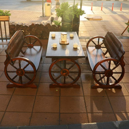 YATAI Wooden Wagon Wheel Bench and Table Set – Garden Bench and Table – Wooden Bench for Garden – Patio Bench and Table Set – Patio Dining Table Chair Set – Sofa Set Outdoor Garden Set