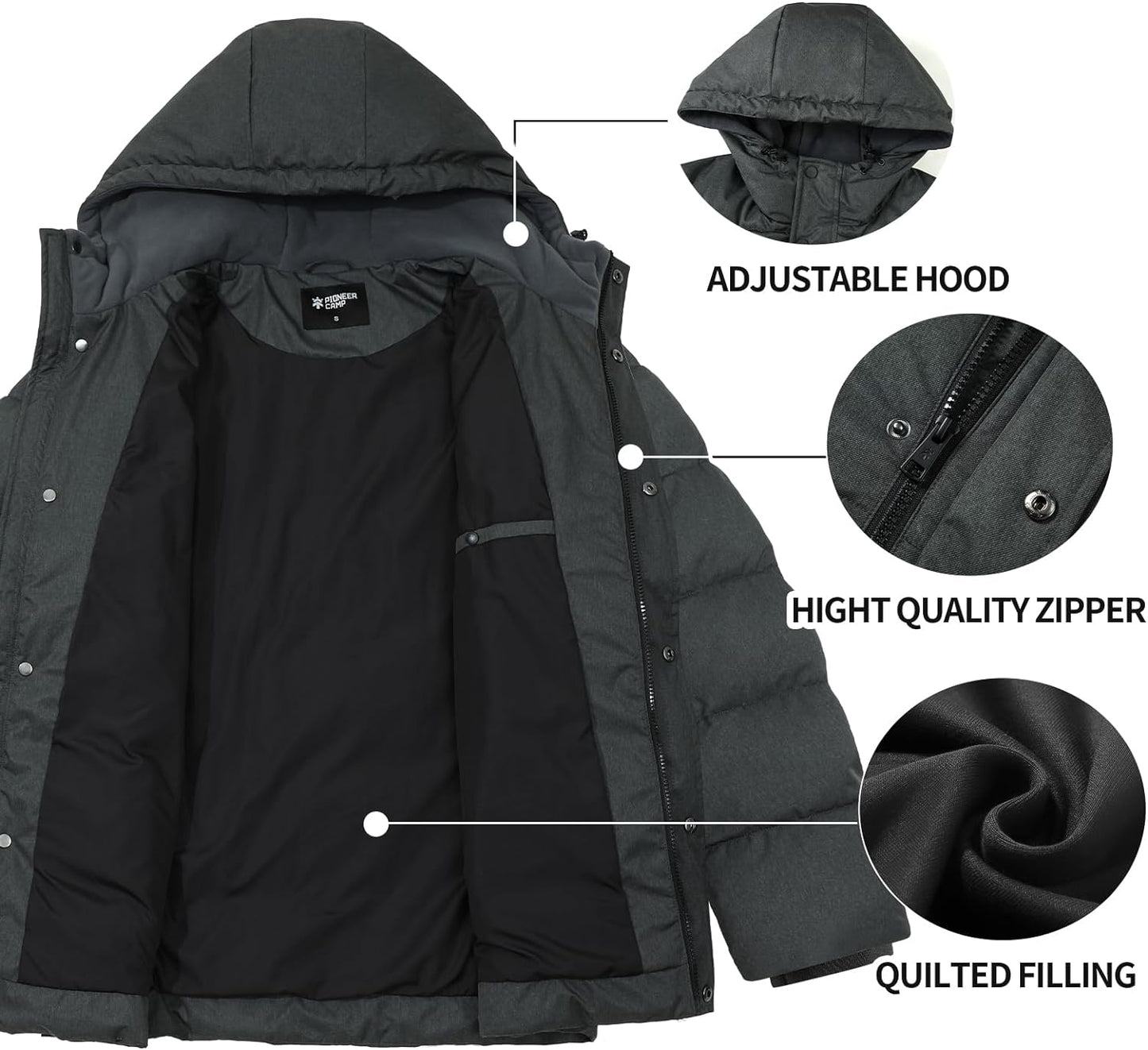 Pioneer Camp Men'S Winter Coats Warm Thicken Jacket Hooded Insulated Puffer Jackets Cotton Water Resistant Coat