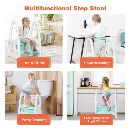 U-HOOME Kids Step Stool Toddler Step Stool for Kids Toddlers Two Step Standing Tower for Bathroom Sink Kitchen Counter Toilet Potty Stool Step Ladder Learning Helper with Handles Round Armrest (Blue)