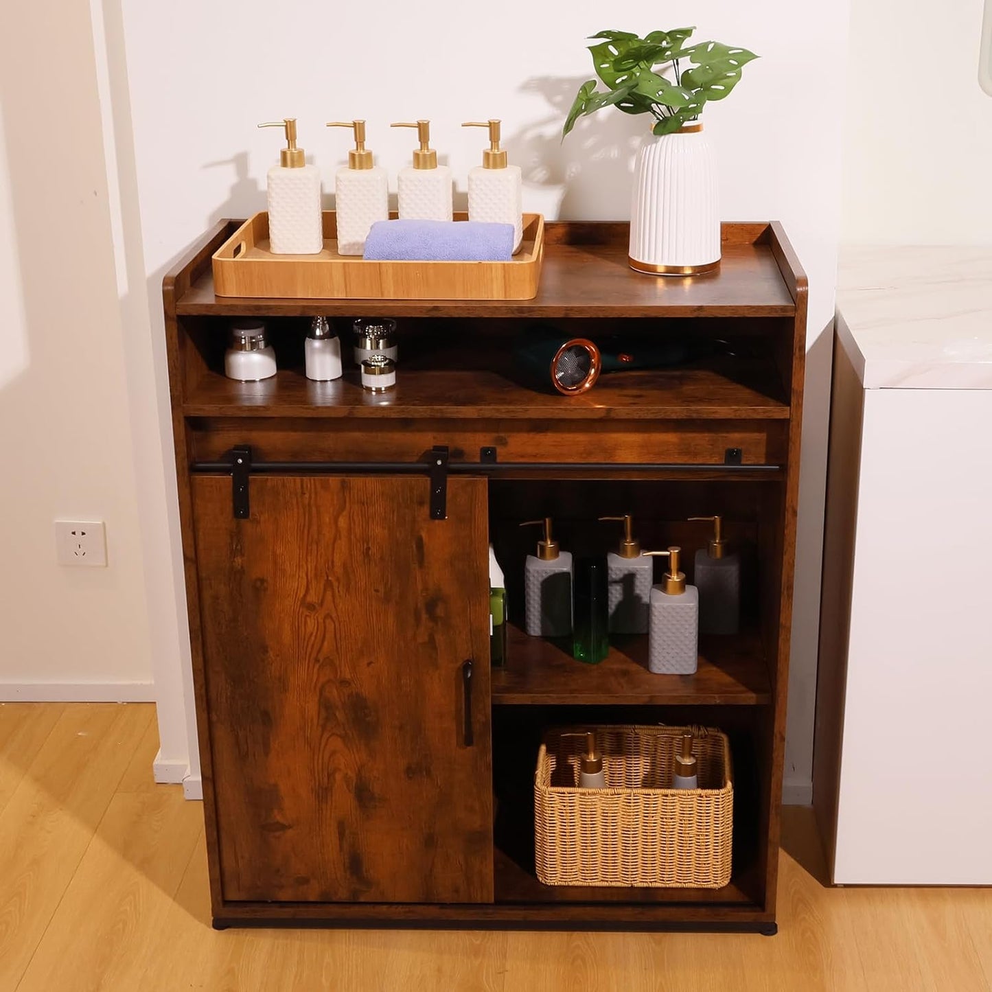 ALBAD Coffee Bar Cabinet/Table, 32" Buffet Sideboard with Sliding Barn Door and Storage Shelves, Farmhouse Wood Kitchen/Accent Storage Cabinet White