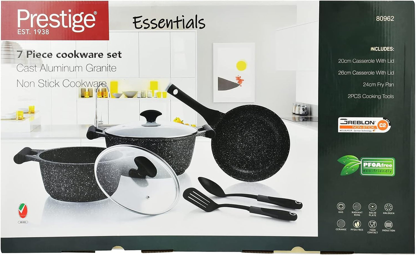 Prestige Essentials Granite 7 Piece Non-Stick Cast Aluminium Cookware sets | Induction Base | Non Stick Aluminium | Granite Casserole | Fry Pan - Green