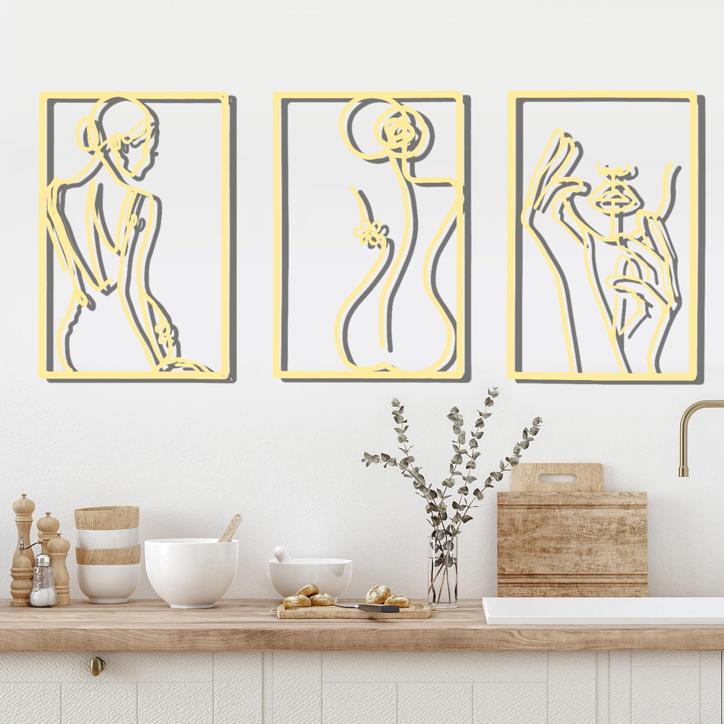 CHENGU 3 Pieces Metal Minimalist Abstract Woman Wall Art Line Drawing Wall Art Decor Single Line Female Home Hanging Wall Art Decor for Kitchen Bathroom Living Room (Black, Hand)