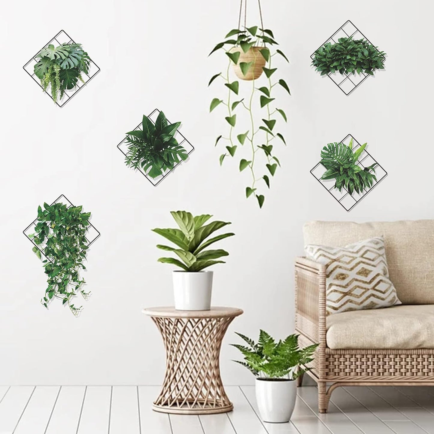 Magic 3D Effect Vivid Green Plants Monstera Leaf Ivy Grid Wall Decor Decal, Vinyl Removable Green Leaves Wall Stickers for Bedroom Living Room Office Kitchen Decorations, Set of 5(12”X12”)