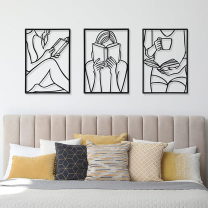 CHENGU 3 Pieces Metal Minimalist Abstract Woman Wall Art Line Drawing Wall Art Decor Single Line Female Home Hanging Wall Art Decor for Kitchen Bathroom Living Room (Black, Hand)