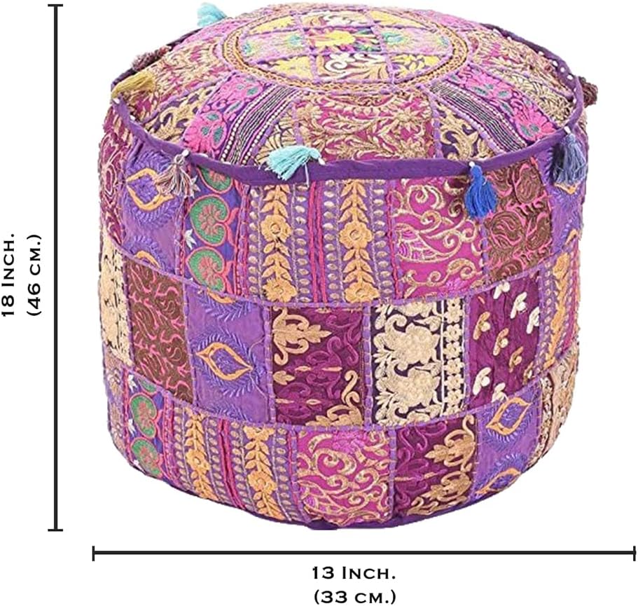 Aakriti Gallery Indian Pouf Footstool Ethnic Embroidered Pouf Cover, Indian Cotton Round Pouffe Ottoman Pouf Cover Pillow Ethnic Decor Art - Cover Only (Yellow, 18x13)