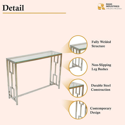 RIGID Console Table | Corner End Table with Stainless Steel Frame and Glass Top for Living Room, Office