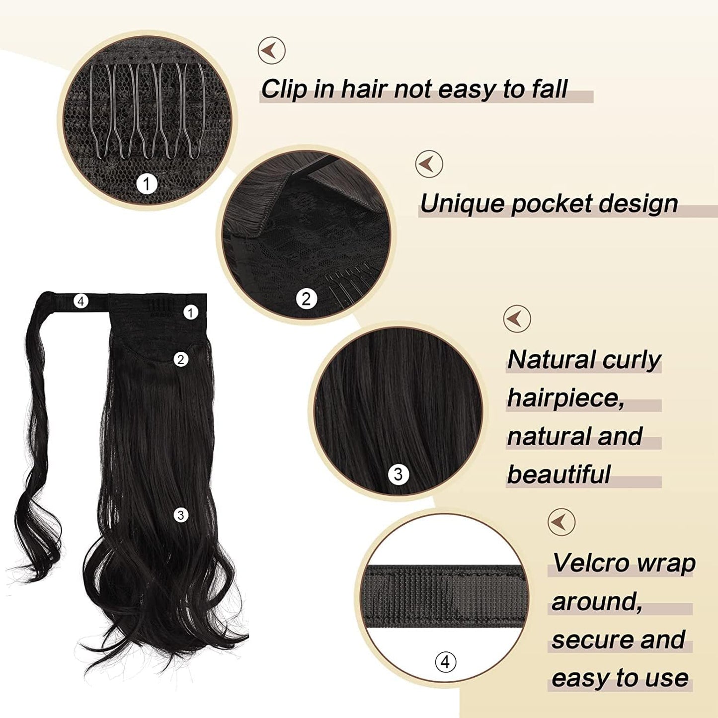 Long Straight Ponytail Extension Wrap Around Off Black Synthetic Hair Extensions One Piece Hairpiece Pony Tail Extension for Women (STRAIGHT, 1B)