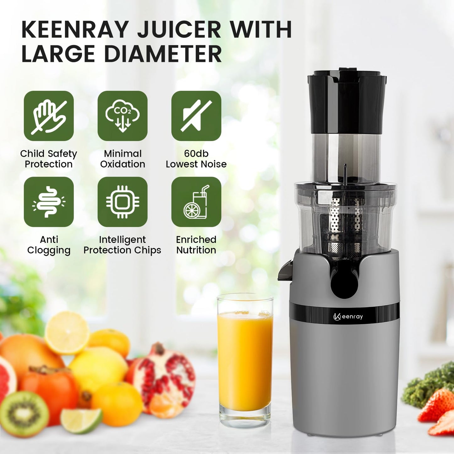 Keenray Juicer Machine, Masticating Slow Juicer for Whole Fruits, Cold Press Juicer with Wide Mouth 80mm Feeding Chute, Reverse Function Quiet Motor Fresh Healthy Juice Extractor (Black)