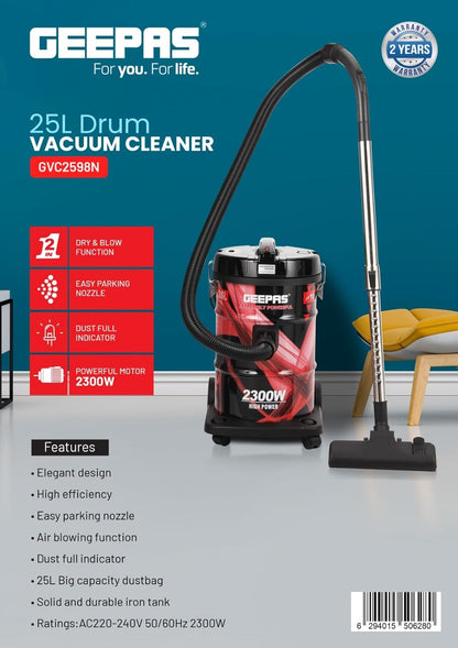 Geepas GVC2598 2300W 21L Drum Vacuum Cleaner - Portable ABS/Copper/Iron | Dust Full Indicator with Parking Position | Air Blower Function with Adjustable Suction Power | 2 Years Manufacturer Warranty