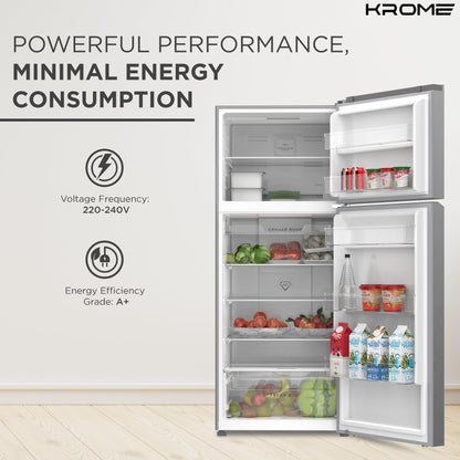 KROME 600L Gross,Top Mount Double Door Refrigerator with LED Display, Automatic Defrost Freezer, A+ Energy Efficiency,Big Capacity Fridge, Silver, 10 Year Compressor Warranty,KR-RFF600T