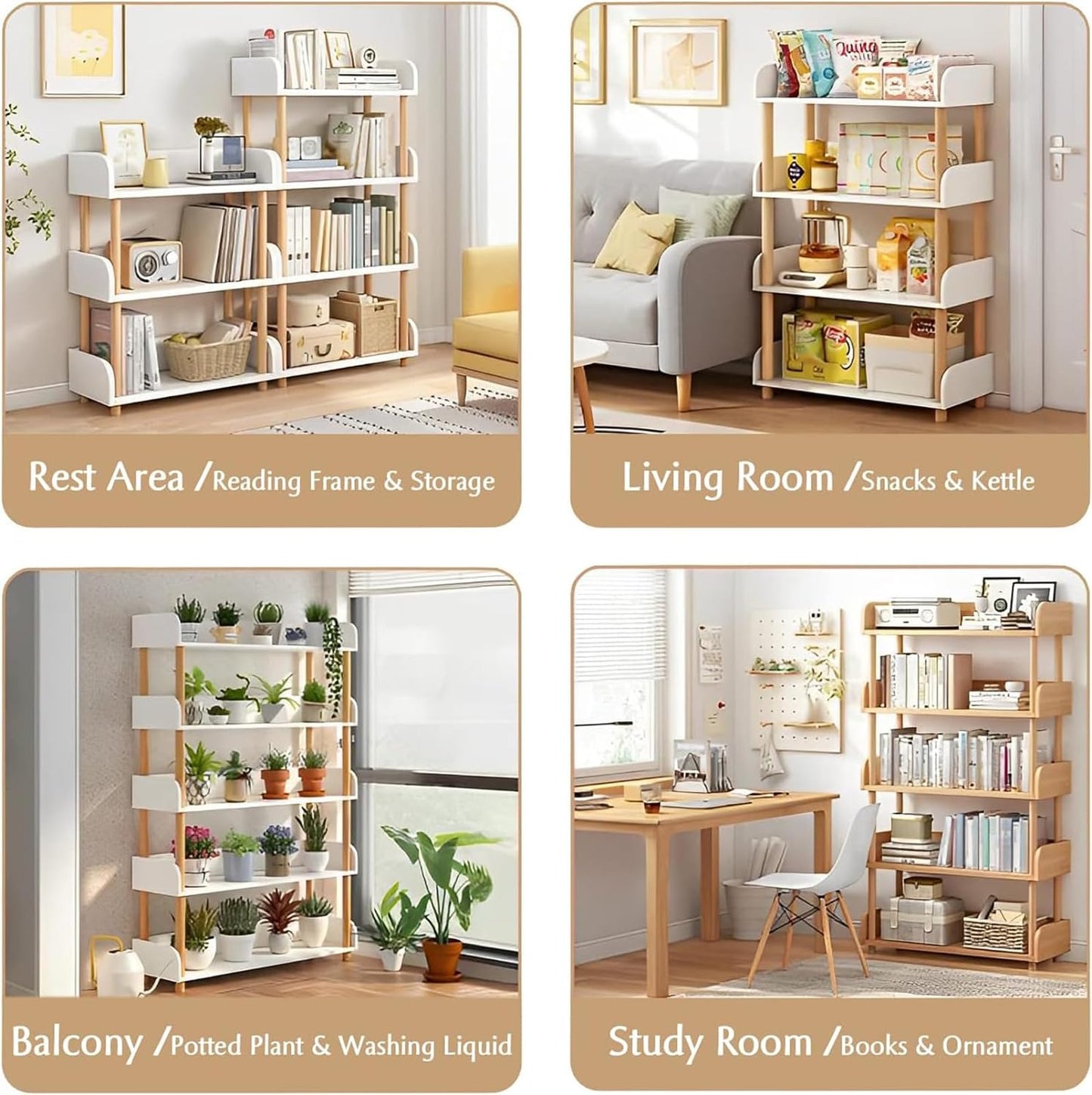 U-HOOME 4-Tier Open Bookshelf -Freestanding Bookcase,Book Shelf Book Rack,Wood Storage Shelves Display Stand with Top Edge and Solid Wood Frame for Living Room,Home Office,Storage Cabinet