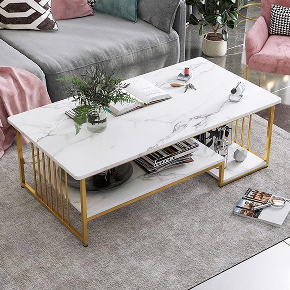 LEDIN Coffee Table with Storage, Rectangular Sofa Tables Open Shelf for Living Room, Center Marble Finish and Metal Frame Dining Home Office (White Marble + Gold)