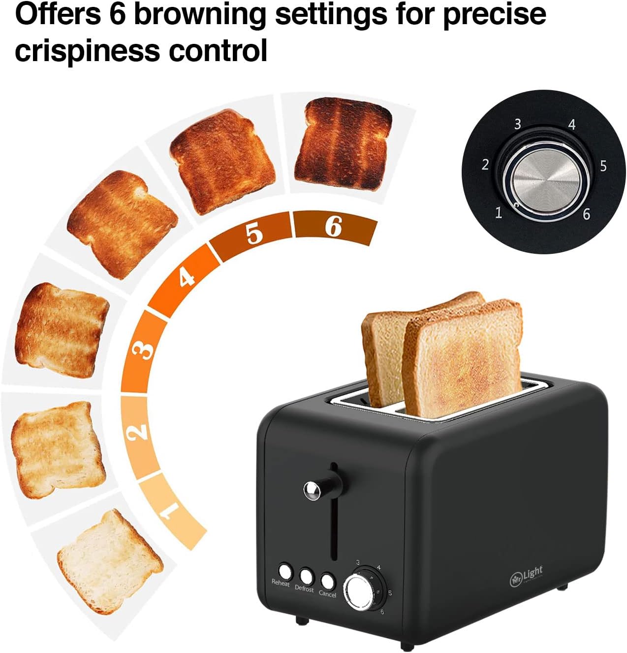 Mr Light Toaster, 2 Large Slots, Compact Electric Bread Toaster with 6 Toast Setting Defrost, Reheat, Cancel Functions, Removable Crumb Tray, Black Toaster (black), Mr.891