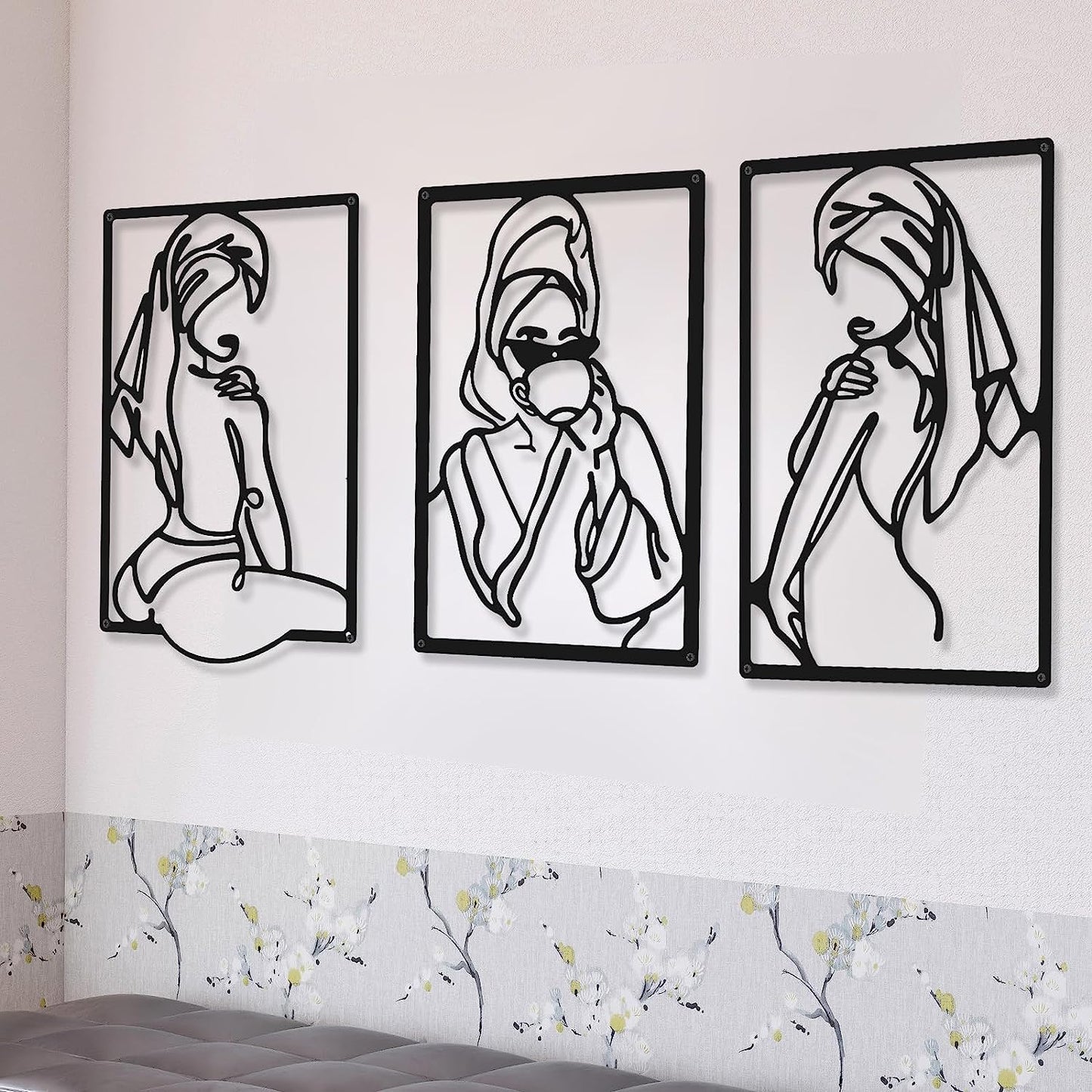 CHENGU 3 Pieces Metal Minimalist Abstract Woman Wall Art Line Drawing Wall Art Decor Single Line Female Home Hanging Wall Art Decor for Kitchen Bathroom Living Room (Black, Hand)