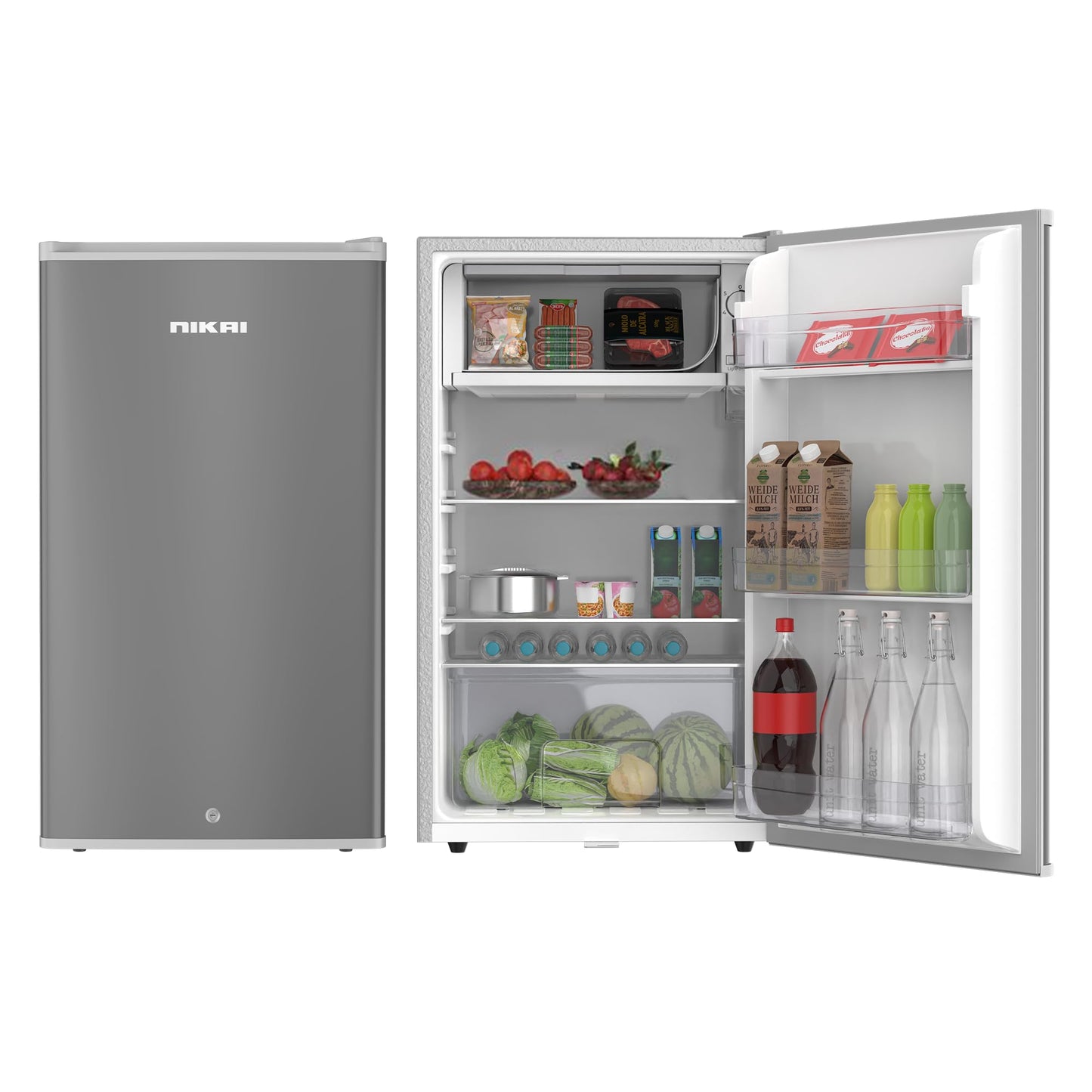 Nikai 135L Gross/88L Net, Small Double Door Mini Refrigerator with Vegetable Crisper & Adjustable Glass Shelves, Defrosting, Mini Fridge for Home, Kitchen, Bedroom, Office & Hotels NRF135DDS Silver