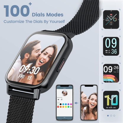 OBKBO Smart Watch, 1.69" HD LCD Smart Watch for Android Phones/iPhone, IP68 Waterproof Fitness Tracker with Stainless Strap, Heart Rate, Blood Oxygen, Sleep Monitor, Christmas Best Gifts for Men Women