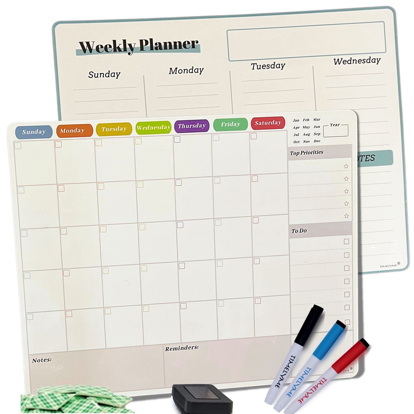 TIMELYME Magnetic Whiteboard Calendar Weekly Monthly Daily Planner Fridge, Family Planner & Organizer Set (New Plain)