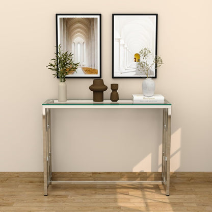 RIGID Console Table | Corner End Table with Stainless Steel Frame and Glass Top for Living Room, Office