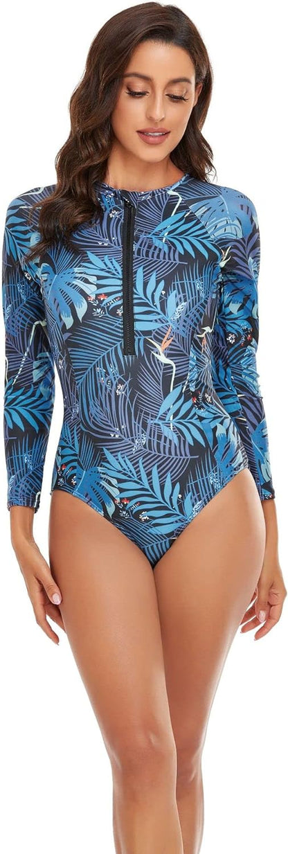 Women One Piece Swimsuit Printed Zipper Slim Long Sleeve Swimwear Bathing Suit