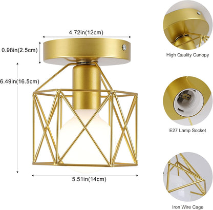 Qcyuui Gold Retro Metal Cage Industrial Vintage Ceiling Lights, Semi-Flush Mount Ceiling Lighting Fixture for Hallway, Dining Room, Bedroom, Balcony, Kitchen, Farmhouse Indoor Lighting, 2 Pack