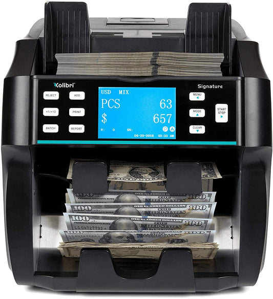 Kolibri Signature 2 Pocket Bank Grade Mix Value Counter and Sorter Machine for 5 Currency (AED-USD-SAR-OMR-EUR), Counterfeit Currency Detection DUAL CIS,UV,MG IR. Updated UAE (5-10-50-500-1000)