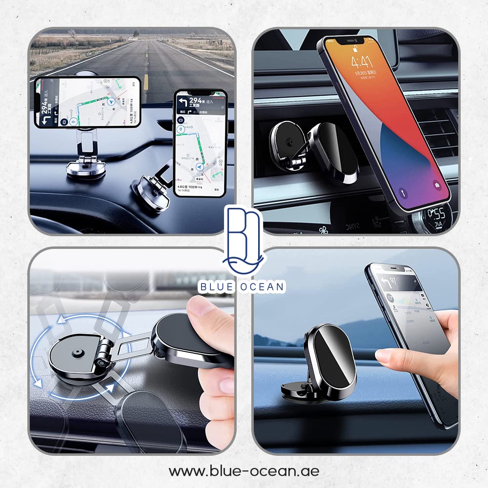 BLUE OCEAN Magnetic Car Phone Holder Foldable Dashboard Cell Phone Car Mounts 360 Adjustable Rotation Mobile Magnet Holder Car Aluminum perfect For Table Kitchen and any location (MODEL A - 360º)