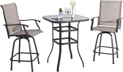 Shintenchi 3 Pieces Patio Swivel Bar Set, All Weather Textile Fabric Outdoor High Bar Stool Bistro Set with 2 Bar Chairs and Glass Table for Home, Backyard, Garden, Lawn, Porch (Brown)