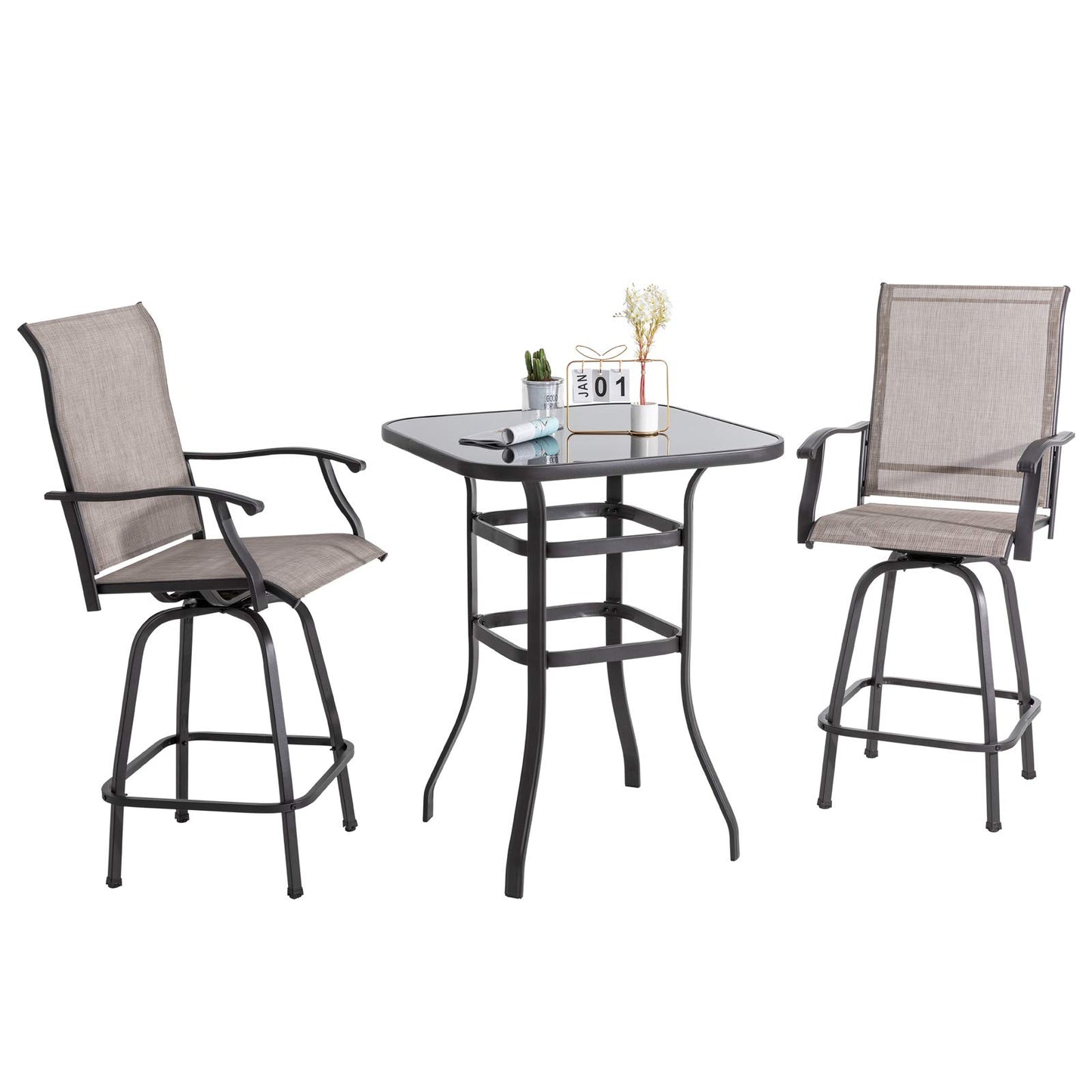 Shintenchi 3 Pieces Patio Swivel Bar Set, All Weather Textile Fabric Outdoor High Bar Stool Bistro Set with 2 Bar Chairs and Glass Table for Home, Backyard, Garden, Lawn, Porch (Brown)