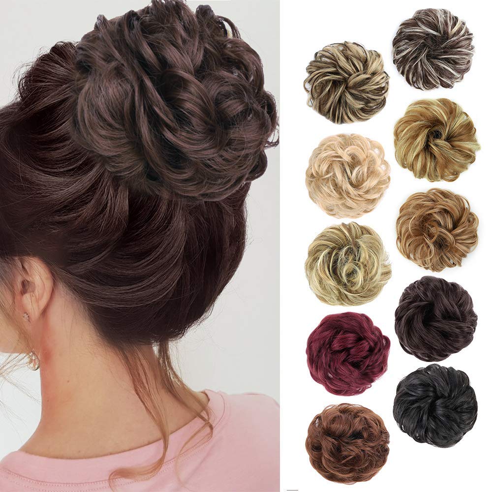 MORICA 1PCS Messy Hair Bun Hair Scrunchies Extension Curly Wavy Messy Synthetic Chignon for Women (12AH613(Light Golden Brown & Lightest Blonde))