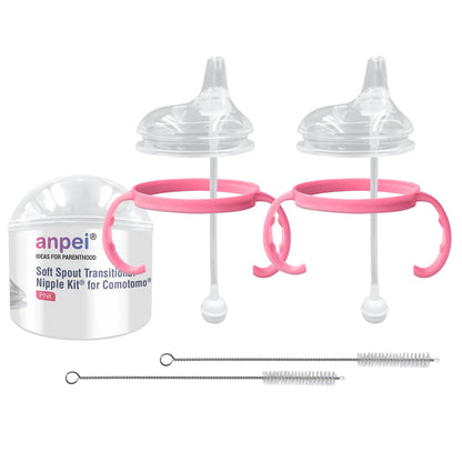 Anpei Straw Sippy Cup Transitional Nipple Kit Bundle Compatible with Comotomo Baby Bottles, 5 oz and 8 oz | Value Bundle 2 Kits + Brushes (Pink)