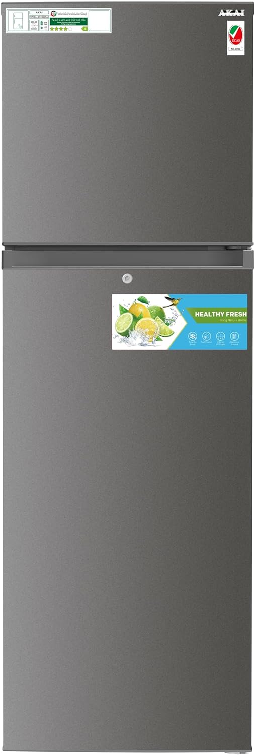 AKAI 335Liters Double Door Top Mount Free Standing Total No Frost Refrigerator Titanium Finish R600a Refrigerant 4 Stars ESMA Ratings One Year Warranty New Edition RFMA-S335WTA