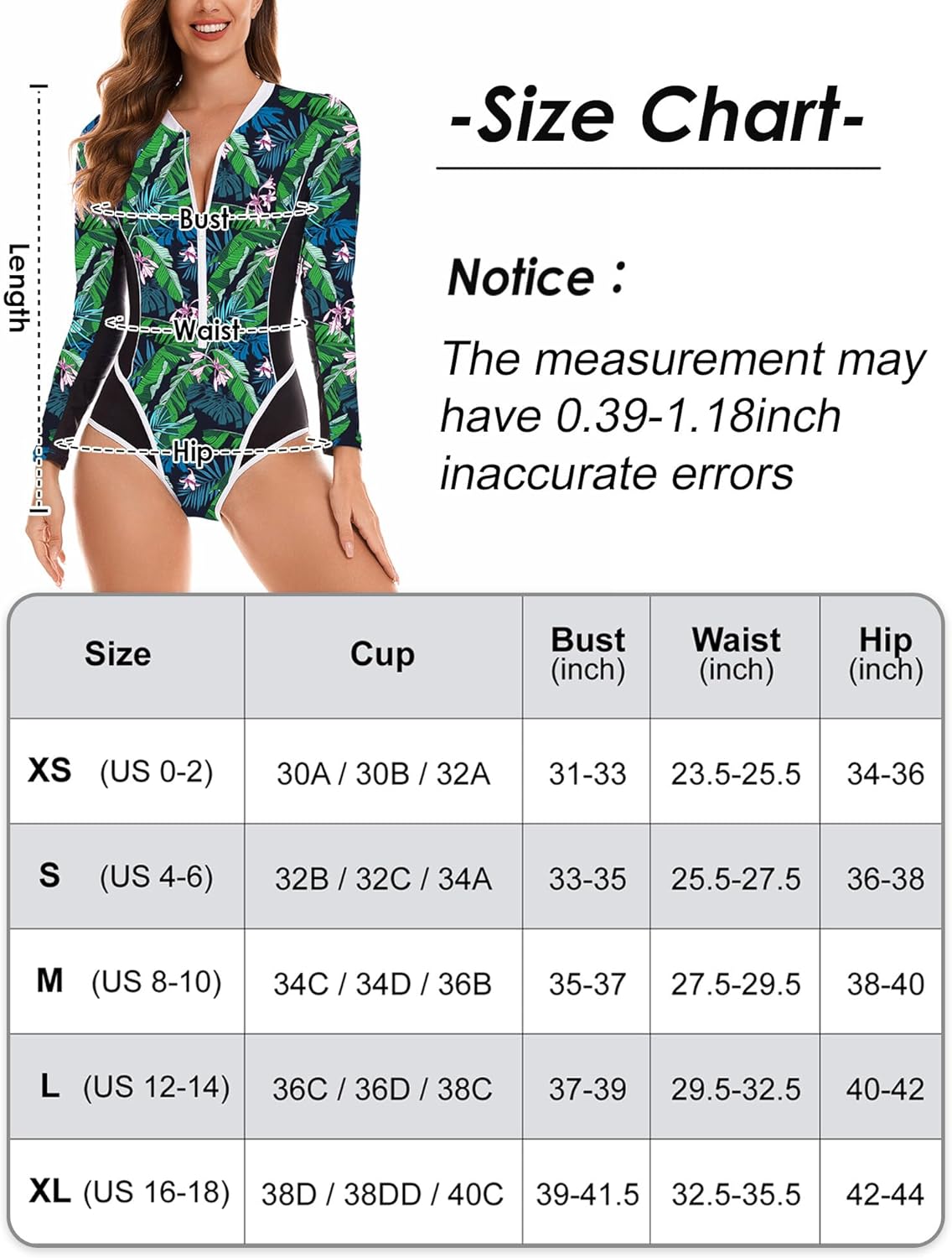 Maeau Women's Long Sleeve Rash Guard UV Protection Zipper Printed Surfing One Piece Swimsuit Bathing Suit