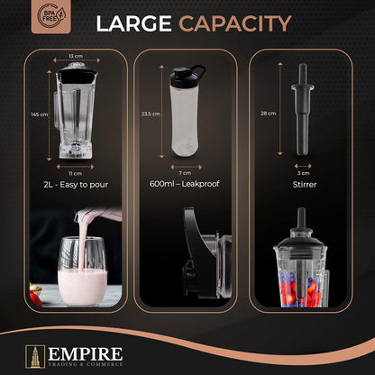 Empire Blender Smoothie Maker 2200W, 10 Adjustable Speeds Smoothie Blender with 2L BPA-Free Container, 30,000RPM High-Speed Blenders with Multiple Blades, Professional Blenders for Kitchen (E-Book)