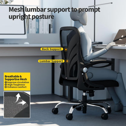 HOLLUDLE Ergonomic Office Chair with Foldable Backrest, Computer Desk Chair with Flip-up Armrests, Mesh Lumbar Support and Tilt Function Big and Tall Office Chair, White