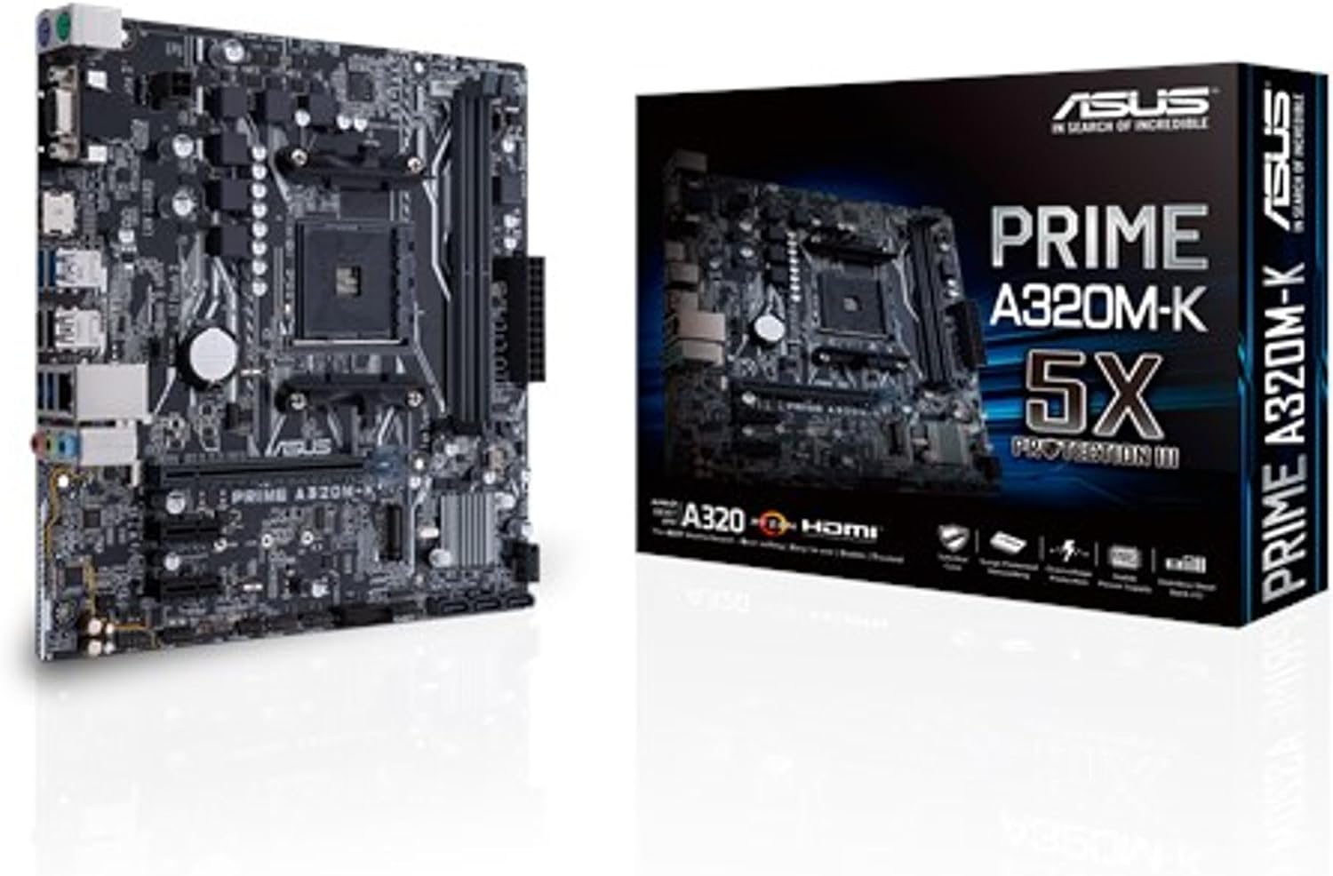 ASUS PRIME A320M-K (AMD A320) AM4 uATX motherboard with LED lighting, DDR4 3200MHz, 32Gb/s M.2, HDMI, SATA 6Gb/s, USB 3.0 - CaveHubs