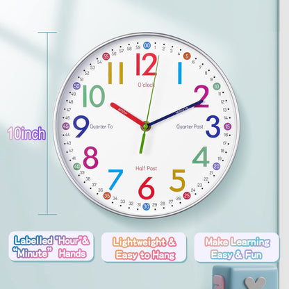 Telling Time Teaching Clock - Learning Clock for Kids - Kids Wall Clocks for Bedrooms - Kids Wall Clock- Silent Analog Kids Clock for Teaching Time,for School Classrooms Playrooms and Kids Bedrooms