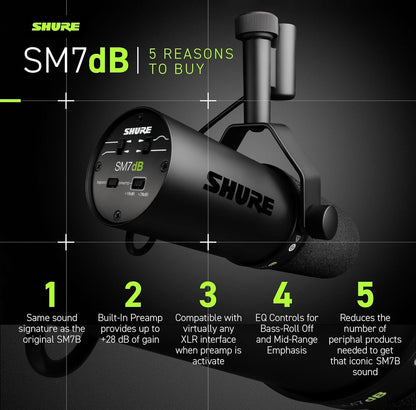 Shure SM7B, Cardioid Studio Microphone, Professional Vocal Recordings, Dynamic, For Live Streaming, PC Gaming & Podcast, Black